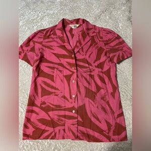 Vintage Sears 1979s Pink & Brown Tropical Print Button-Up Blouse